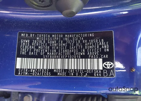 2014 Toyota Corolla S Plus z USA, uszkodzony, nr VIN 5YFBURHEXEP102016